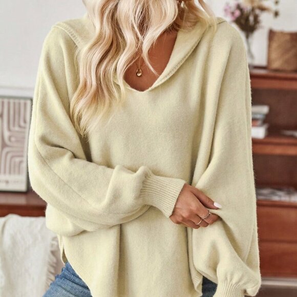 Sweaters - Lime Green Casual Women's Sailor Collar Batwing Sleeve Curved Hem Sweater